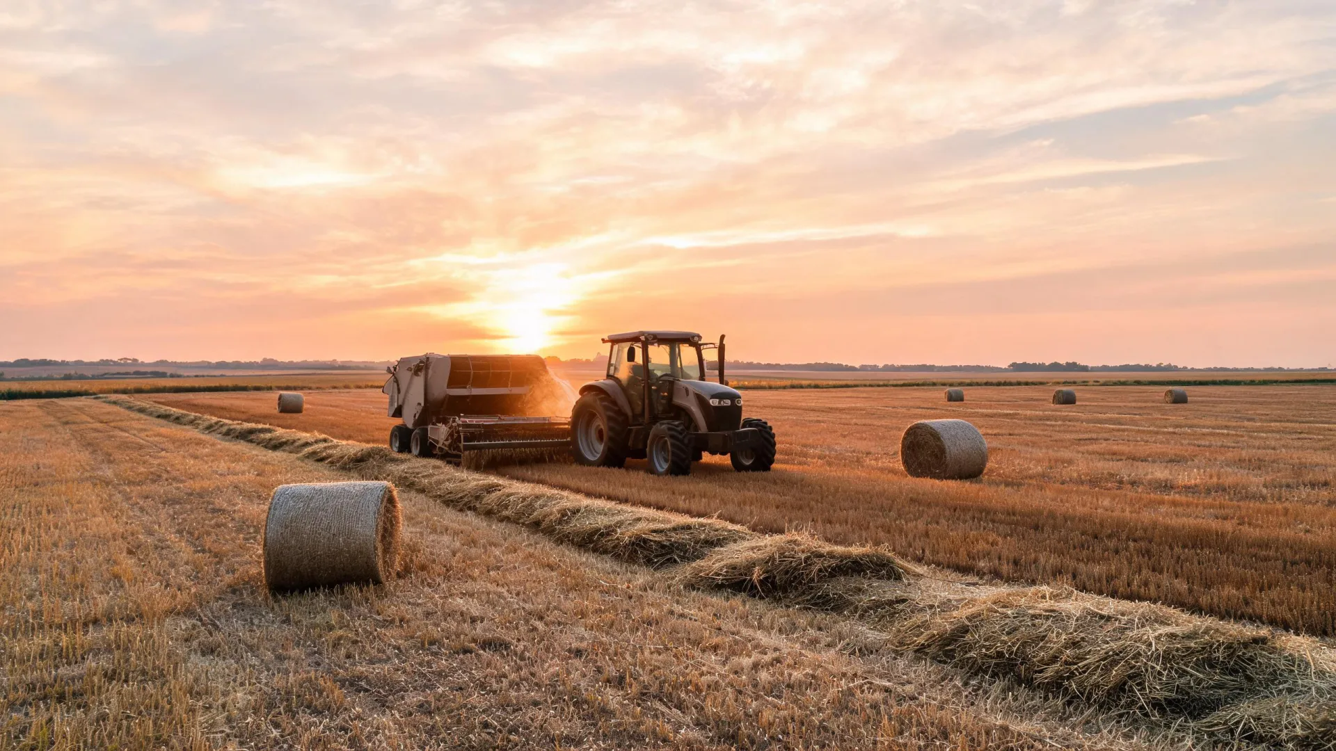 Baler gathering a hay windrow in a working field